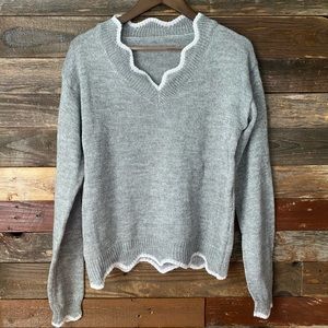Gray scalloped edge v-neck with white trim sweater